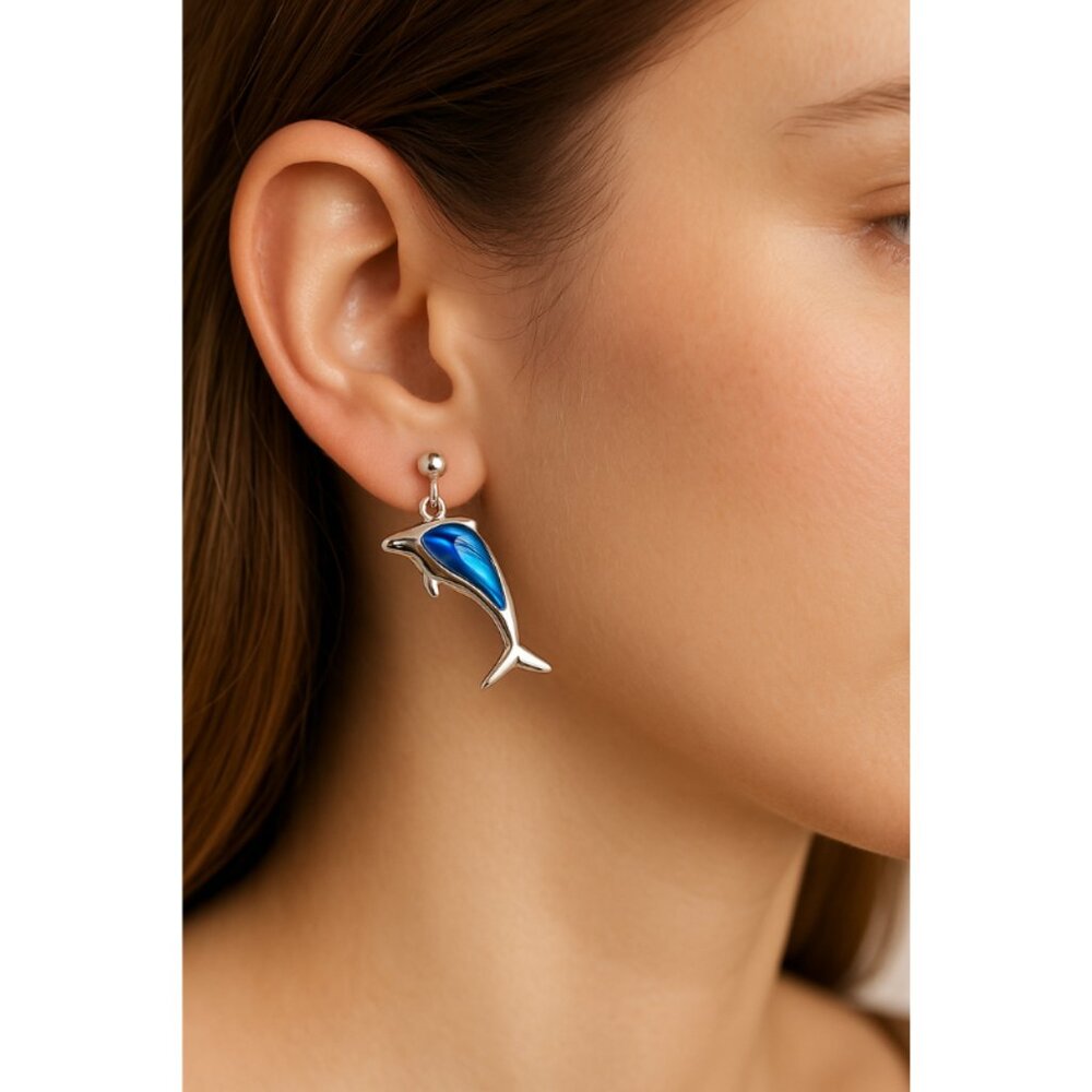 Silver Plated Dolphin Drop Earrings | Blue Abalone Inlay | Pierced Studs - Picture 6 of 9